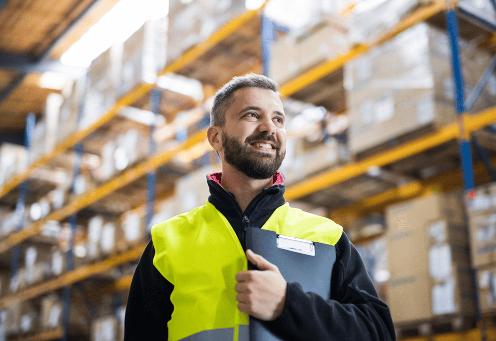 A Warehouse Worker with a clipboard, representing supply chain and logistics jobs. 
