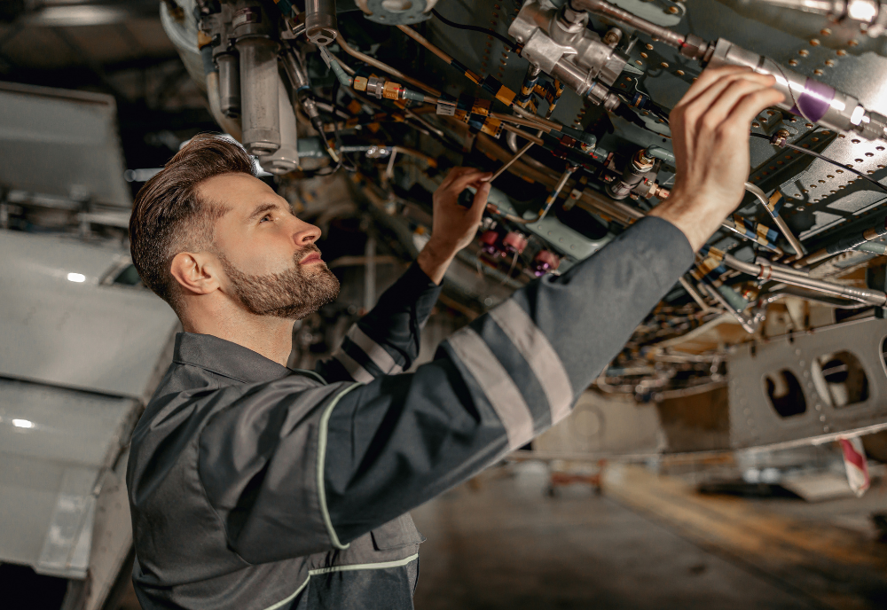 Male Aviation Mechanic Inspecting Aircraft Components