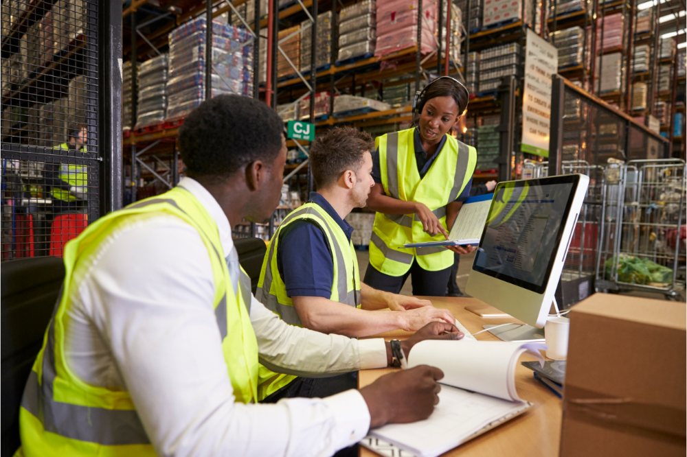 employees at a warehouse discussing logistics and supply chain jobs